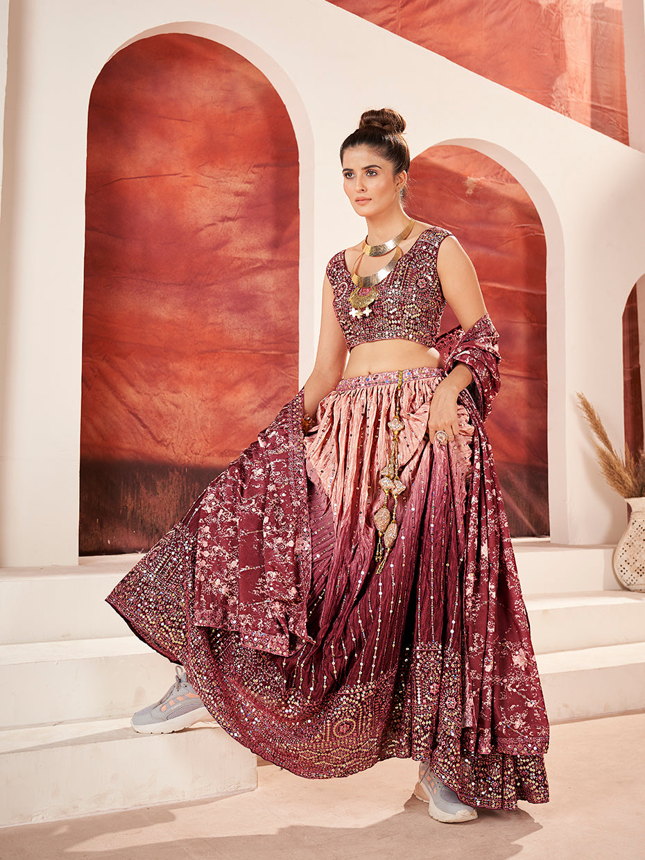 Maroon Navratri Special Chinon Silk Embroidered Lehenga Choli