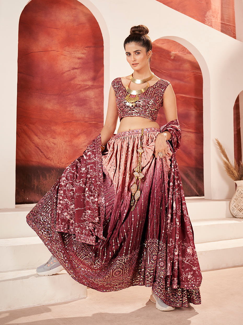 Maroon Navratri Special Chinon Silk Embroidered Lehenga Choli