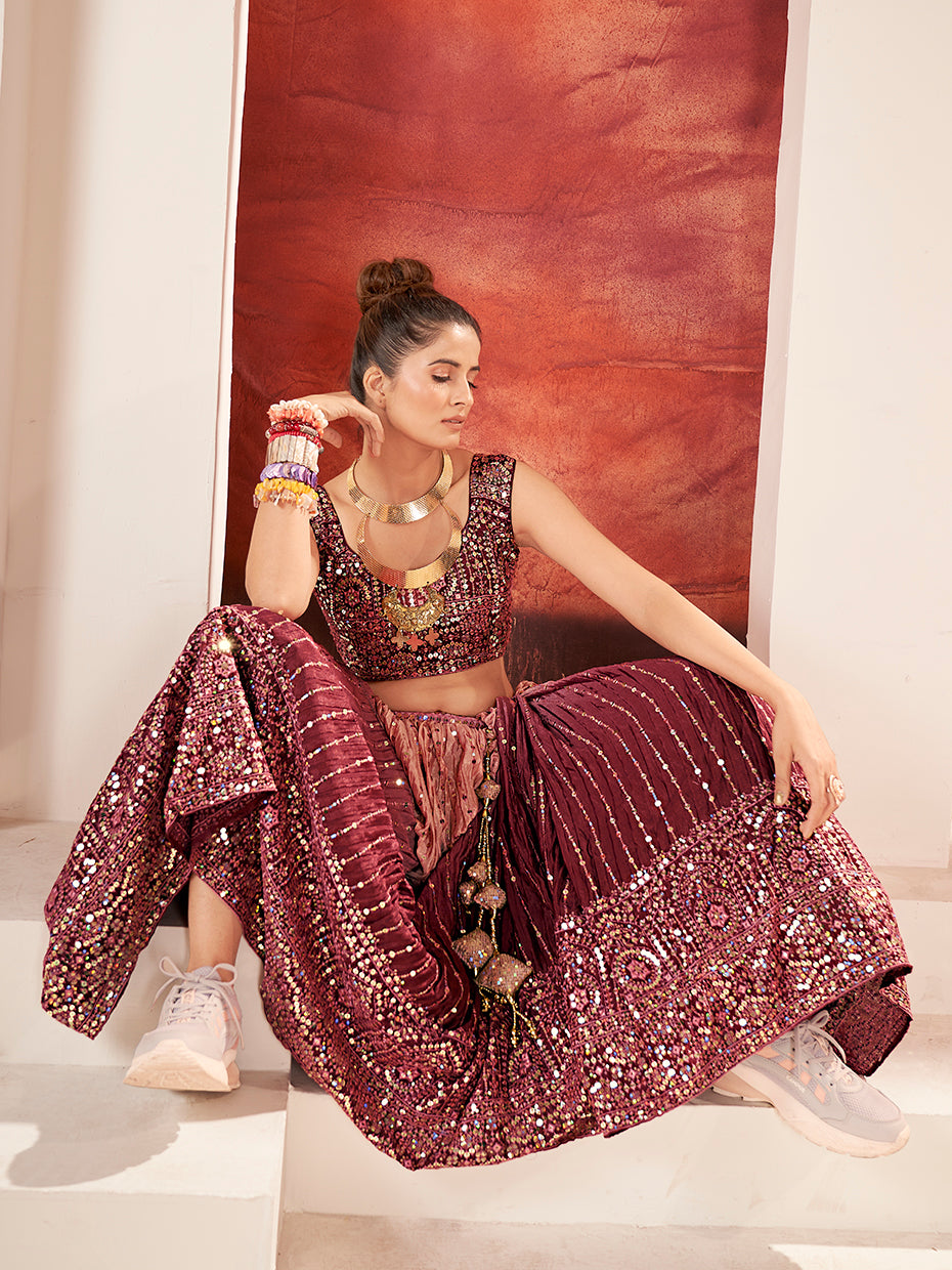 Maroon Navratri Special Chinon Silk Embroidered Lehenga Choli