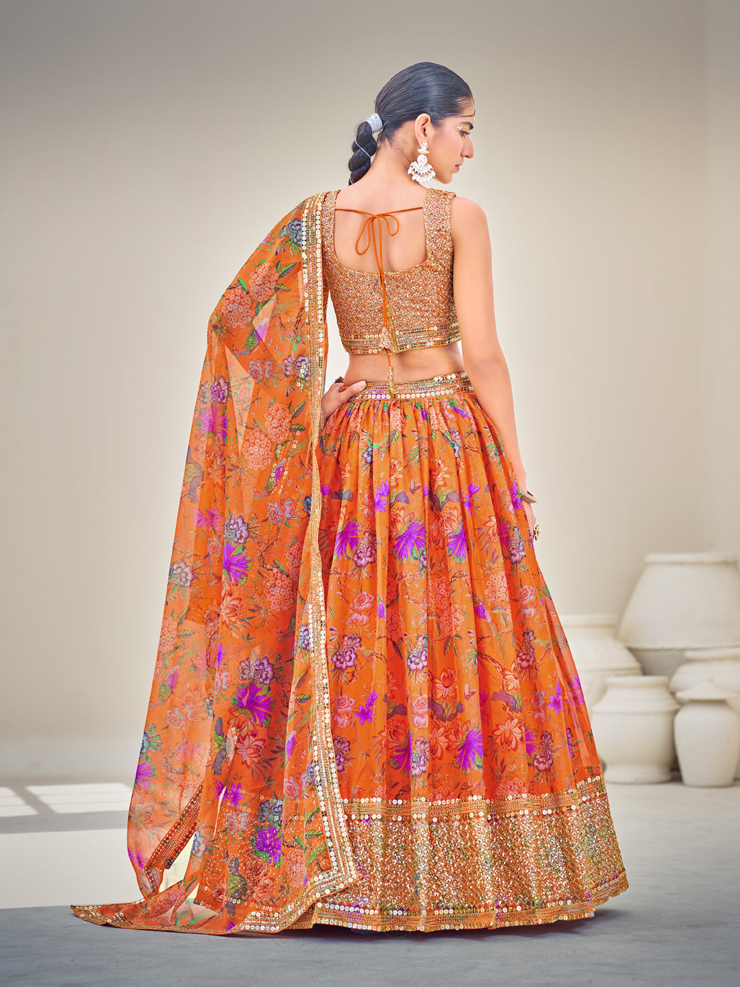 Orange Semi-Stitched Lehenga & Unstitched Blouse With Dupatta