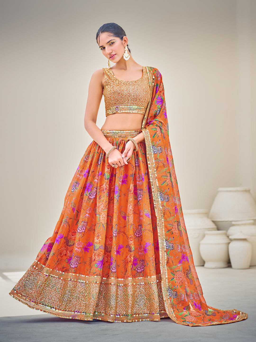 Orange Semi-Stitched Lehenga & Unstitched Blouse With Dupatta