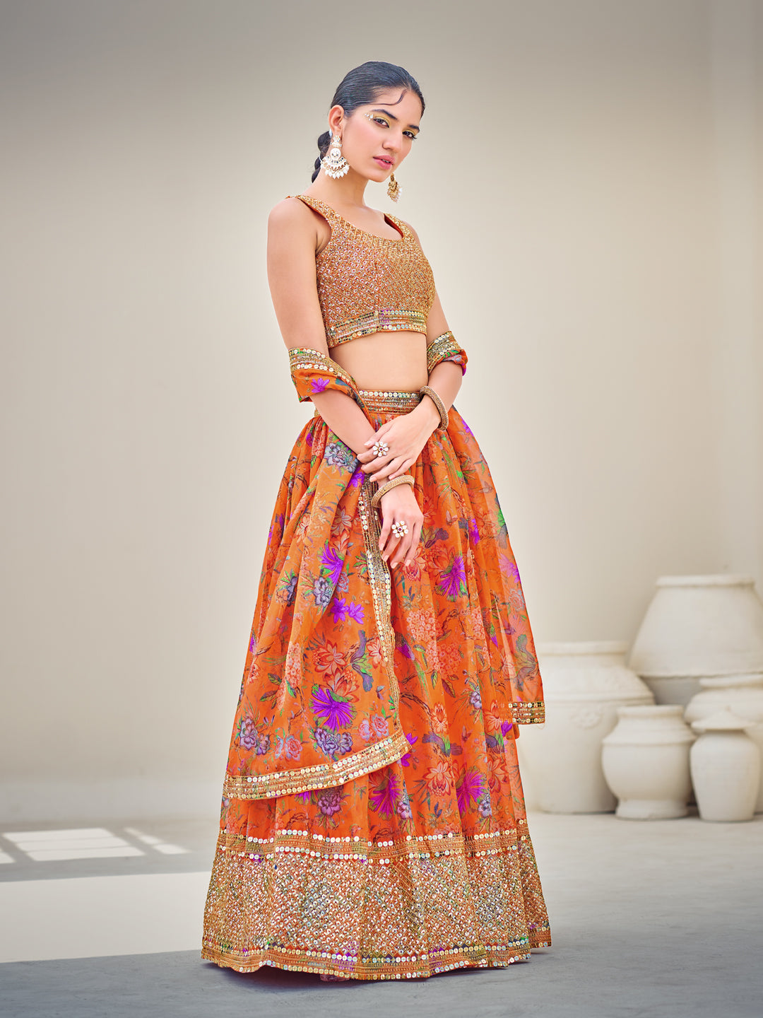 Orange Semi-Stitched Lehenga & Unstitched Blouse With Dupatta