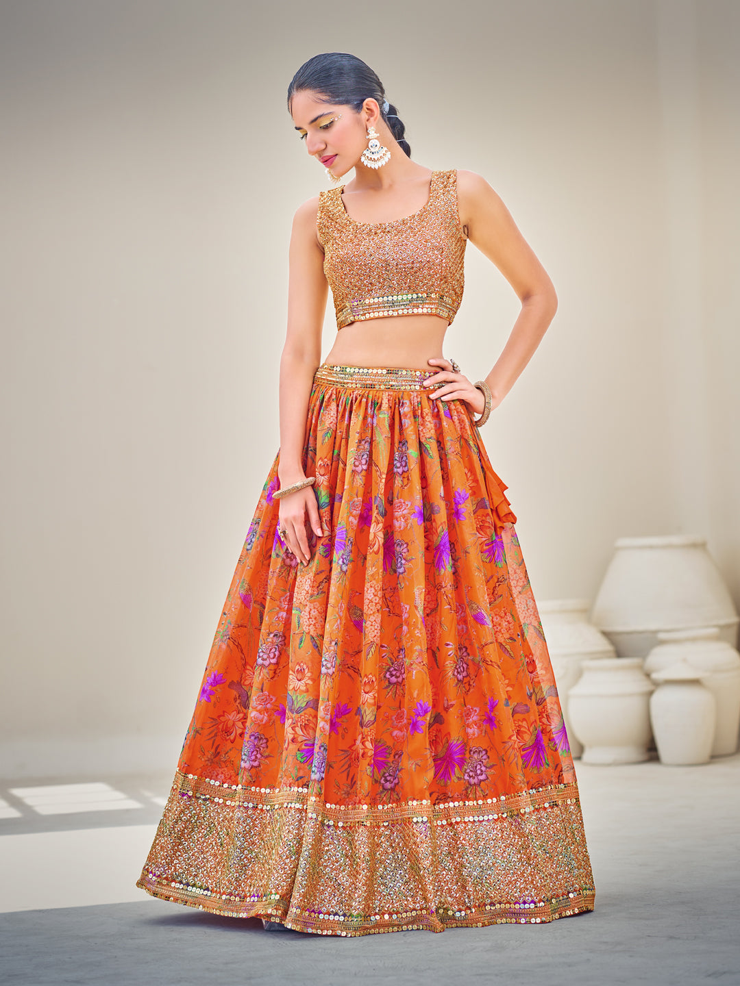 Orange Semi-Stitched Lehenga & Unstitched Blouse With Dupatta