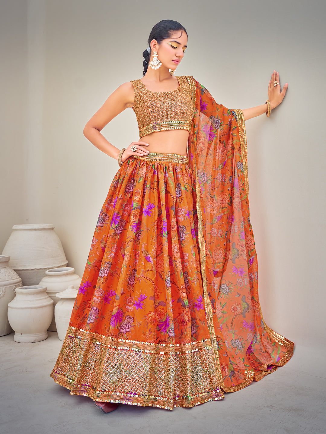 Orange Semi-Stitched Lehenga & Unstitched Blouse With Dupatta