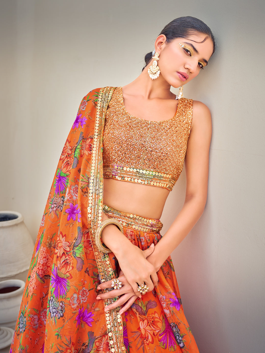 Orange Semi-Stitched Lehenga & Unstitched Blouse With Dupatta