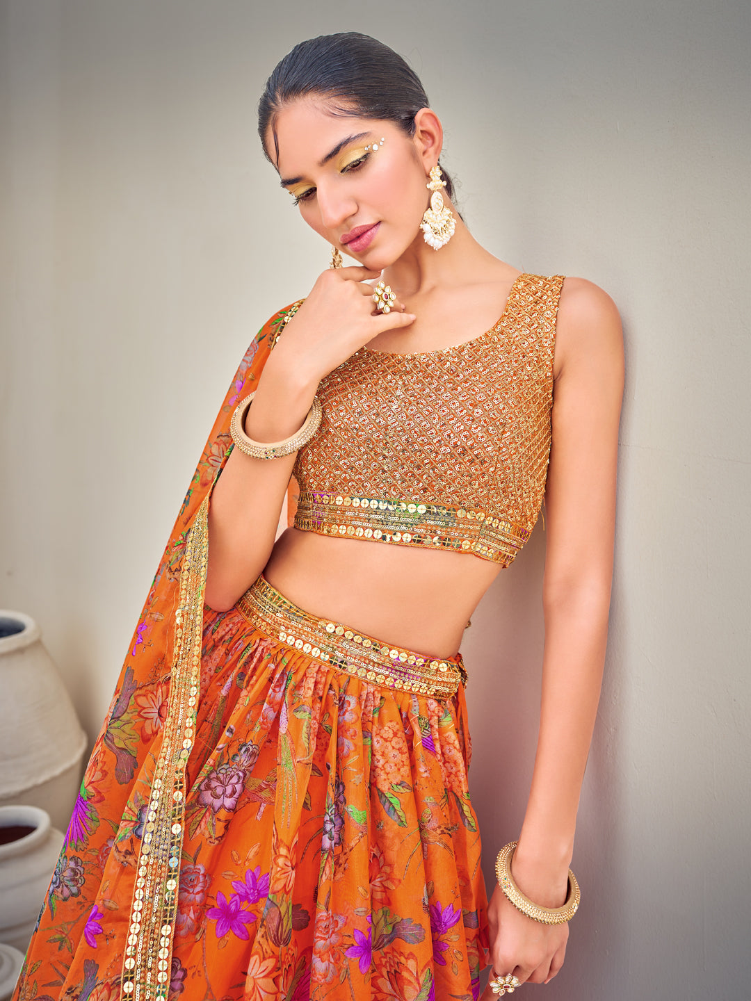 Orange Semi-Stitched Lehenga & Unstitched Blouse With Dupatta