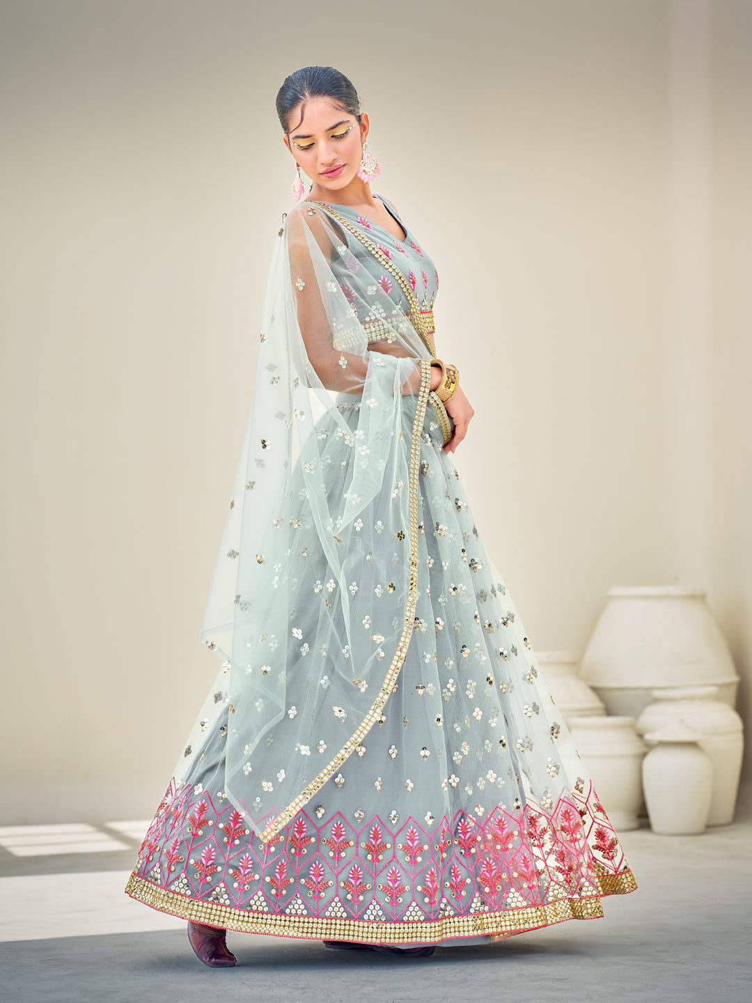 Grey & Pink Sequins Semi Stitch Lehenga Choli