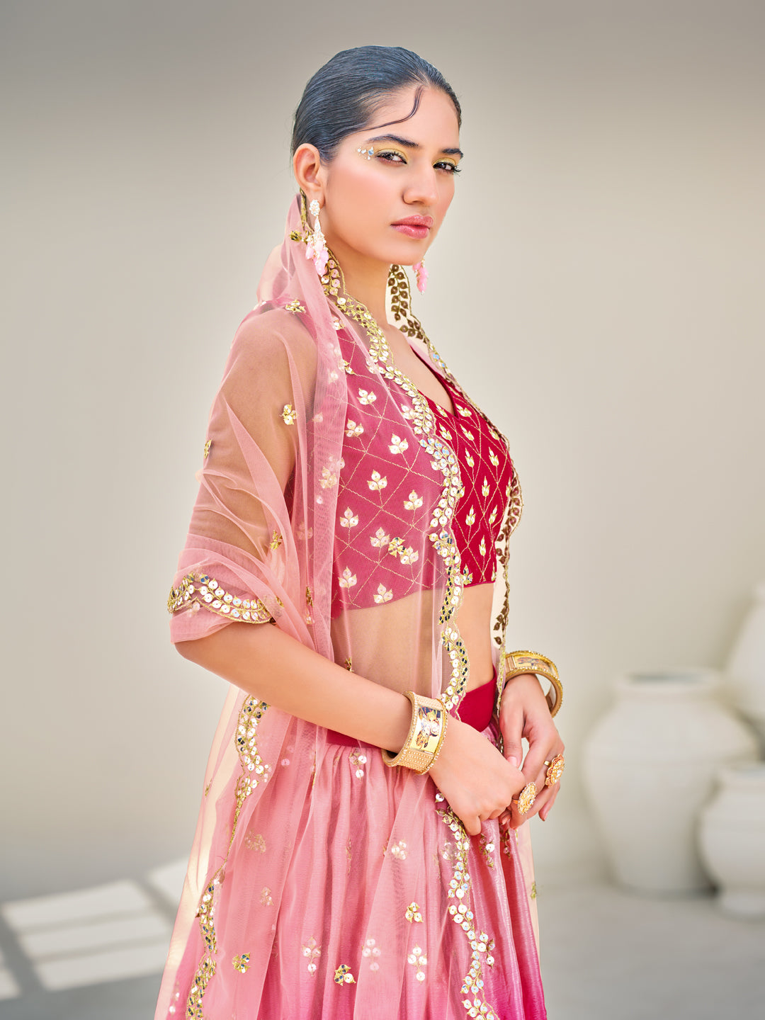 Pink Embroidered Wedding Special Semi-Stitch Lehenga Choli