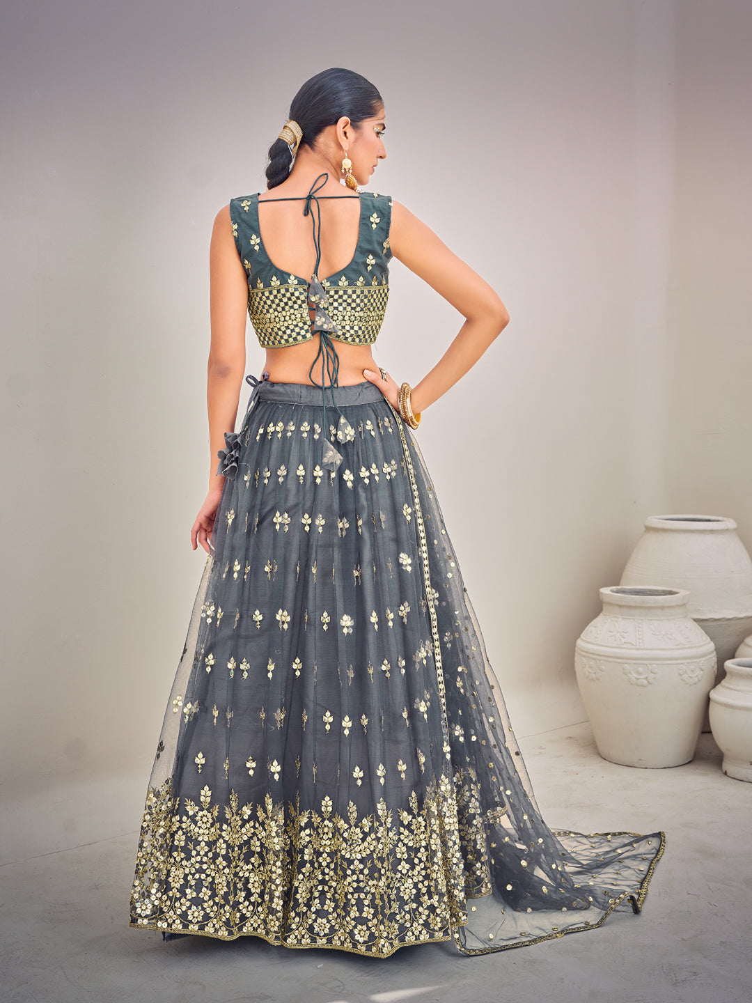 Grey Sequins Semi Stitch Lehenga Choli