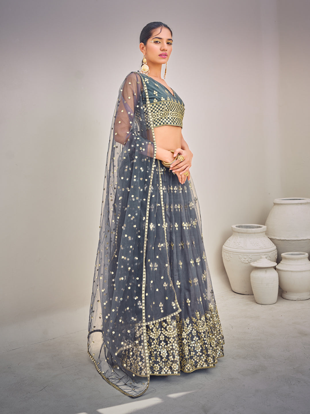 Grey Sequins Semi Stitch Lehenga Choli