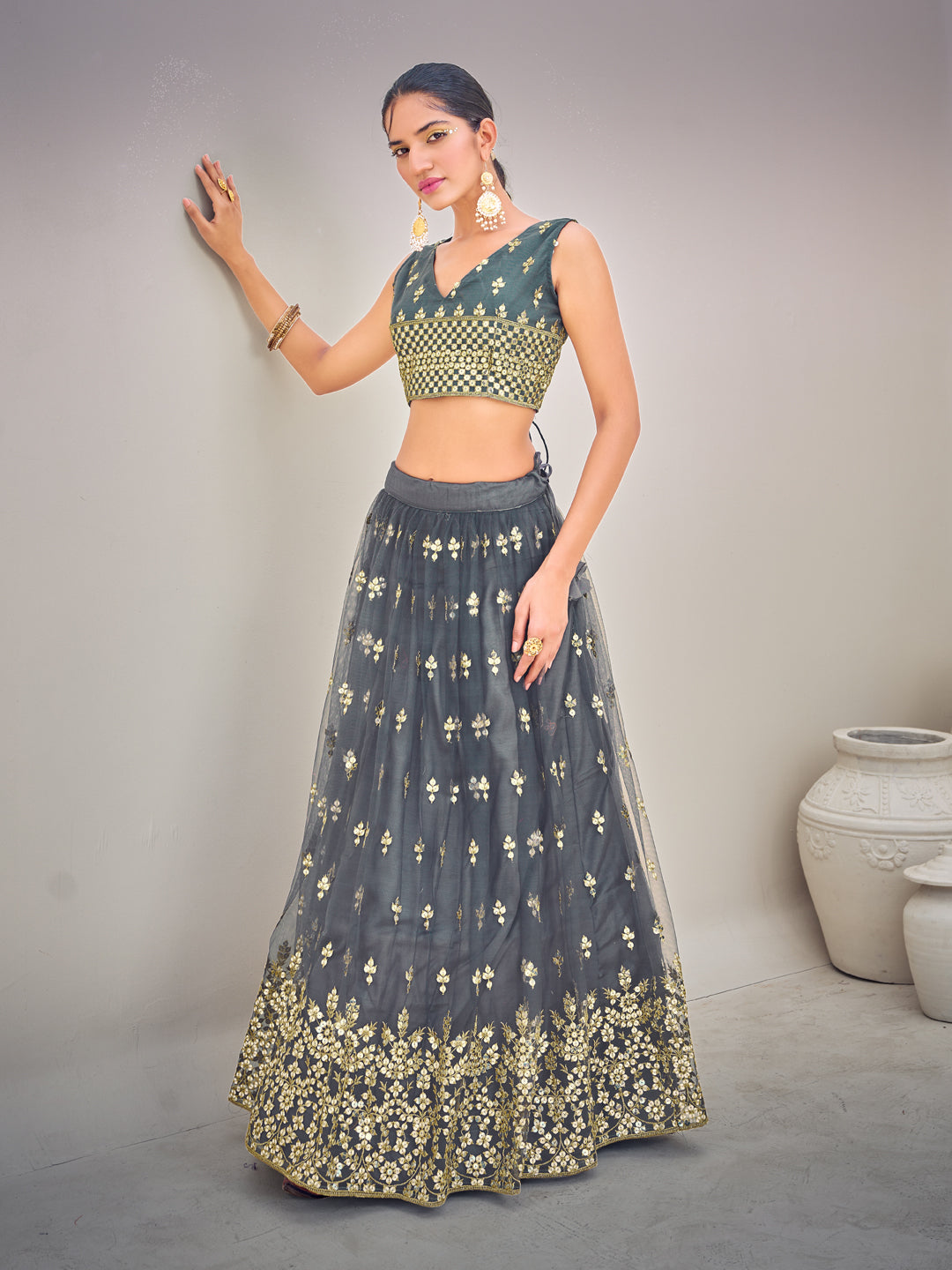 Grey Sequins Semi Stitch Lehenga Choli