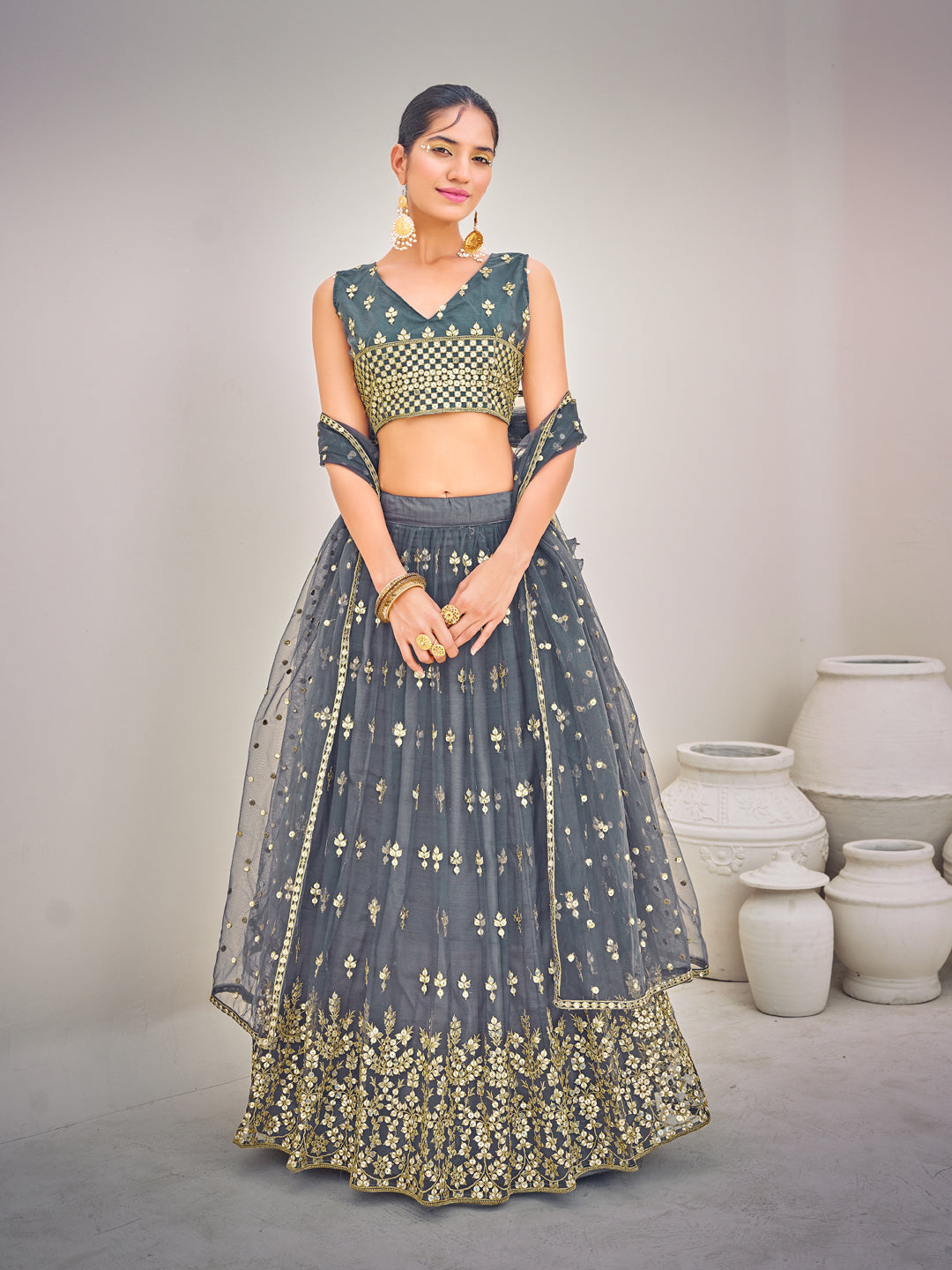 Grey Sequins Semi Stitch Lehenga Choli