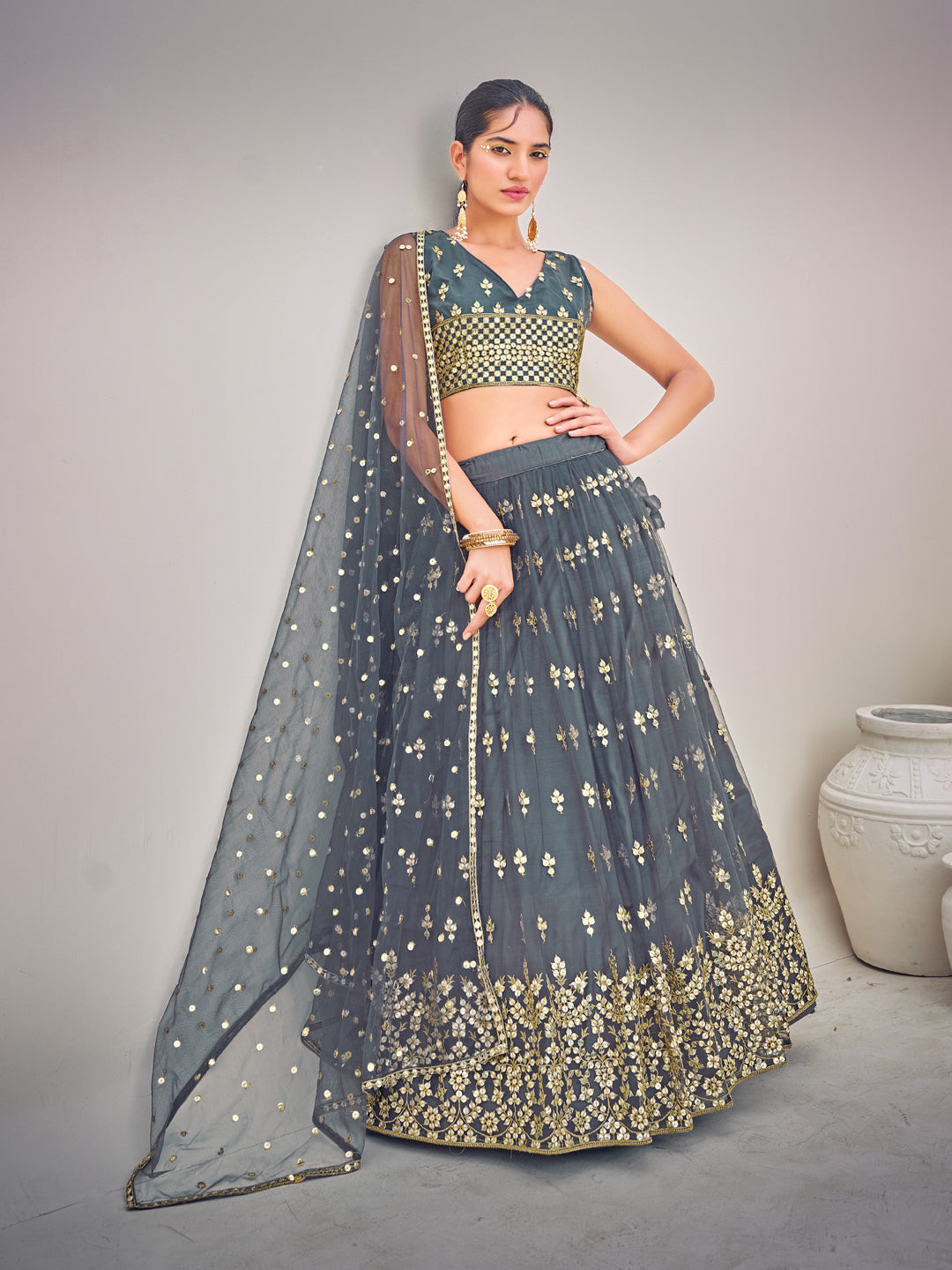 Grey Sequins Semi Stitch Lehenga Choli