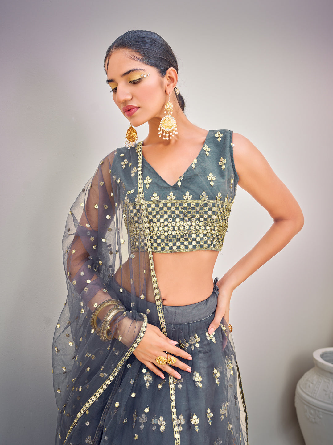 Grey Sequins Semi Stitch Lehenga Choli