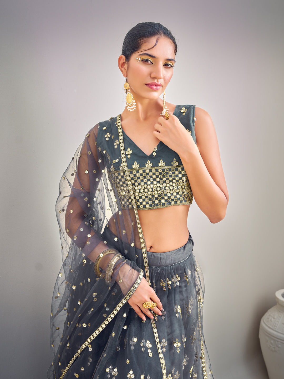 Grey Sequins Semi Stitch Lehenga Choli