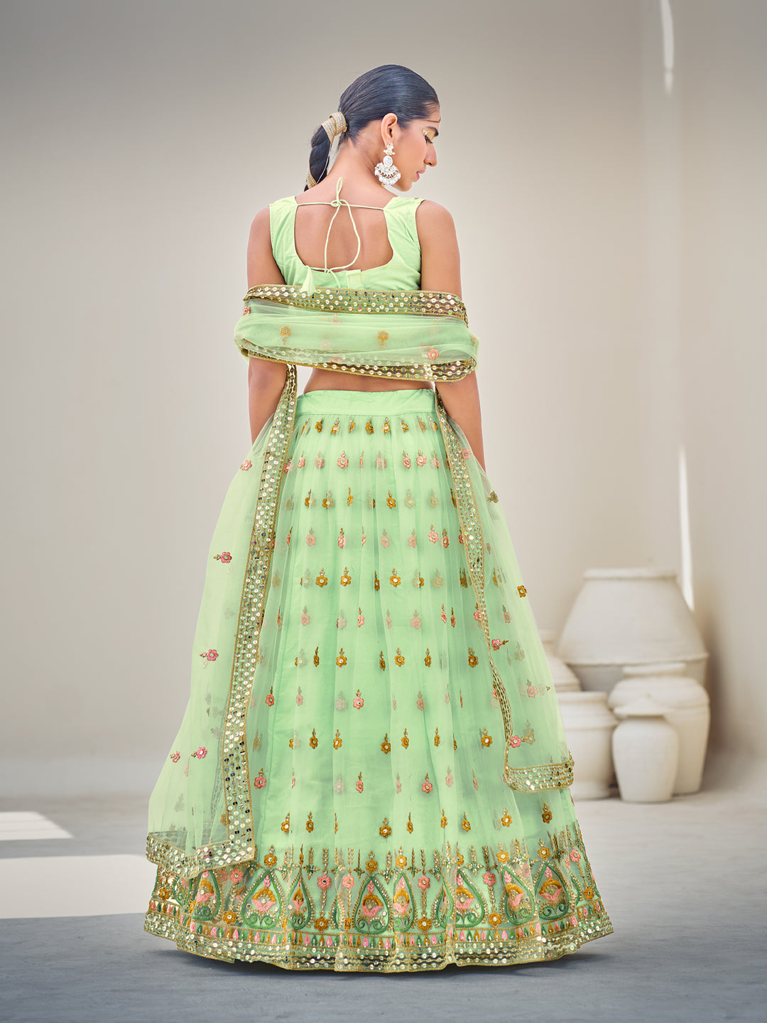 Light Green Sequins Semi Stitch Lehenga Choli