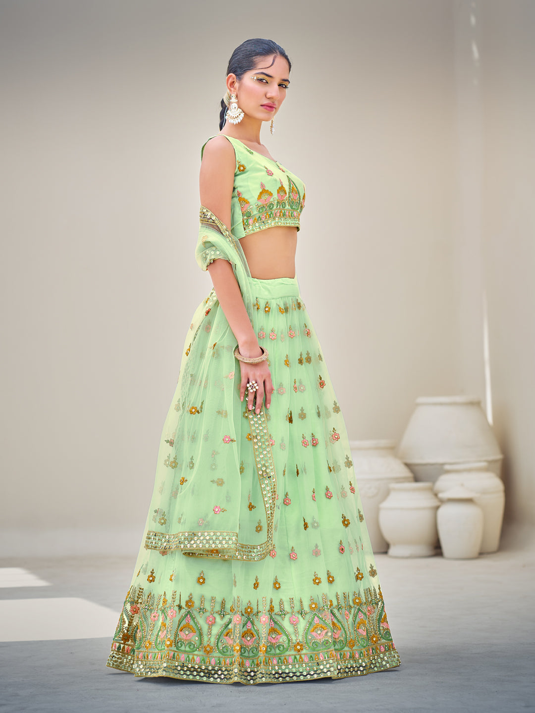 Light Green Sequins Semi Stitch Lehenga Choli