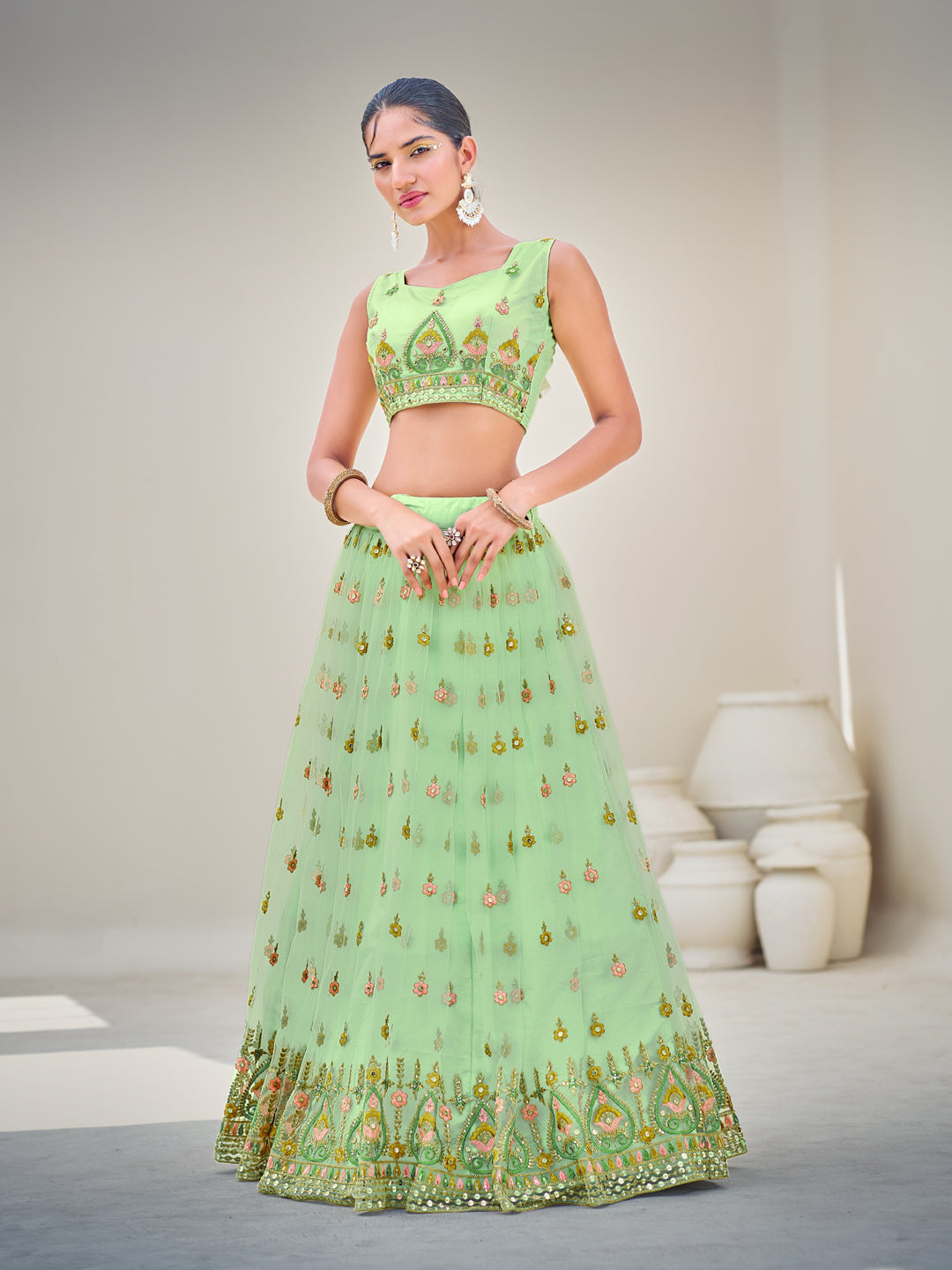 Light Green Sequins Semi Stitch Lehenga Choli