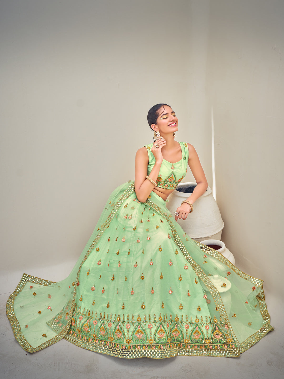 Light Green Sequins Semi Stitch Lehenga Choli