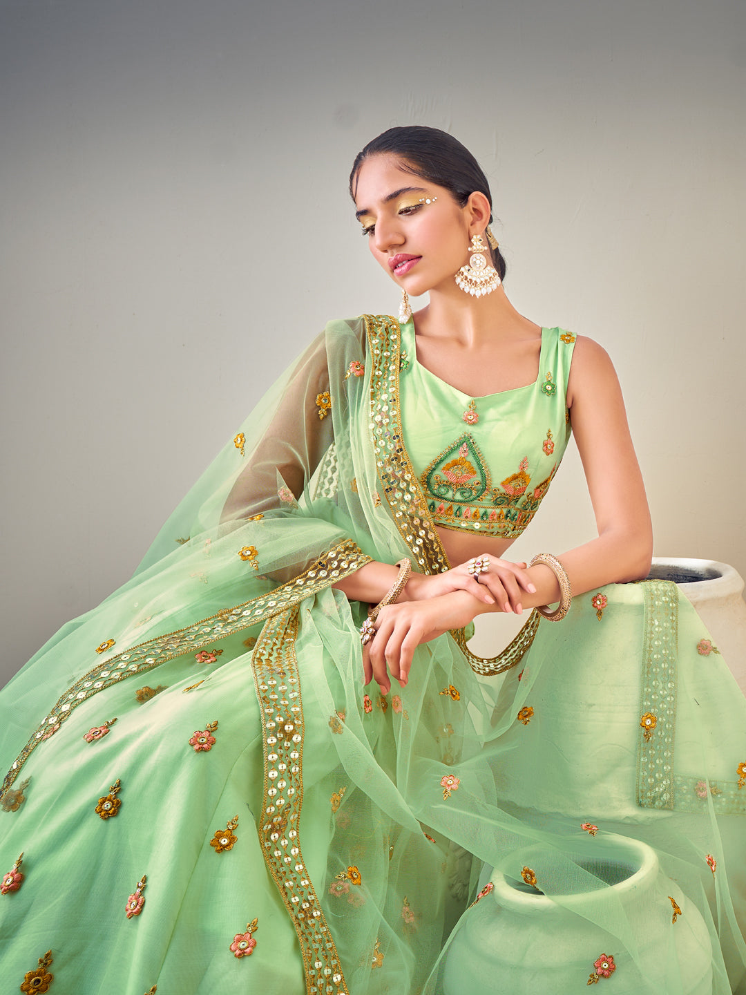 Light Green Sequins Semi Stitch Lehenga Choli