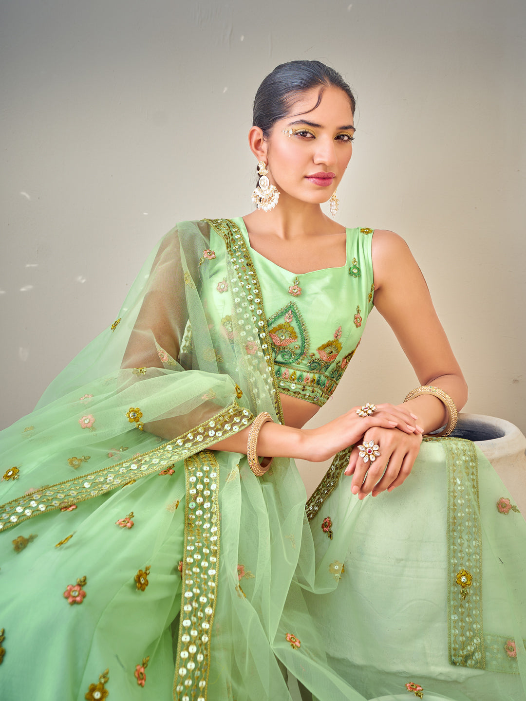 Light Green Sequins Semi Stitch Lehenga Choli