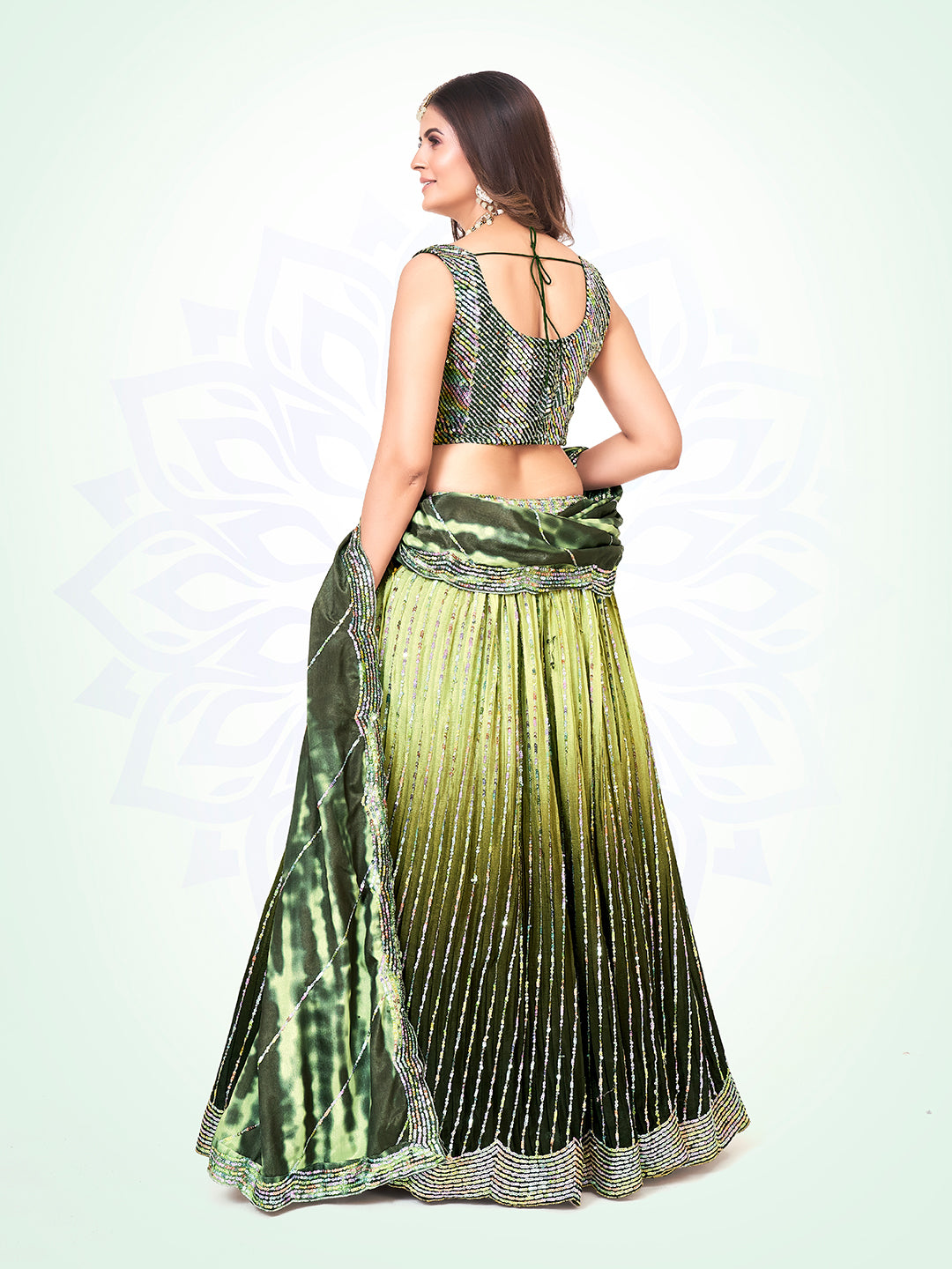 Green Two-Tone Sequin Embroidered Lehenga Choli Set with Dupatta - Elegant Party Wear