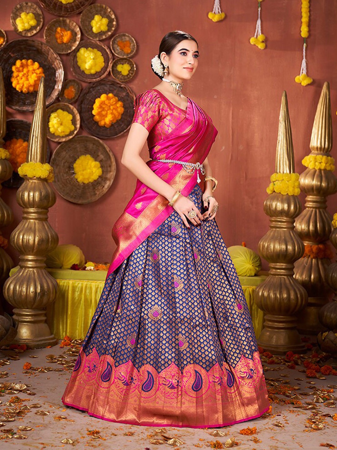 Blue & Pink Banarasi Silk Half Saree Lehenga Choli