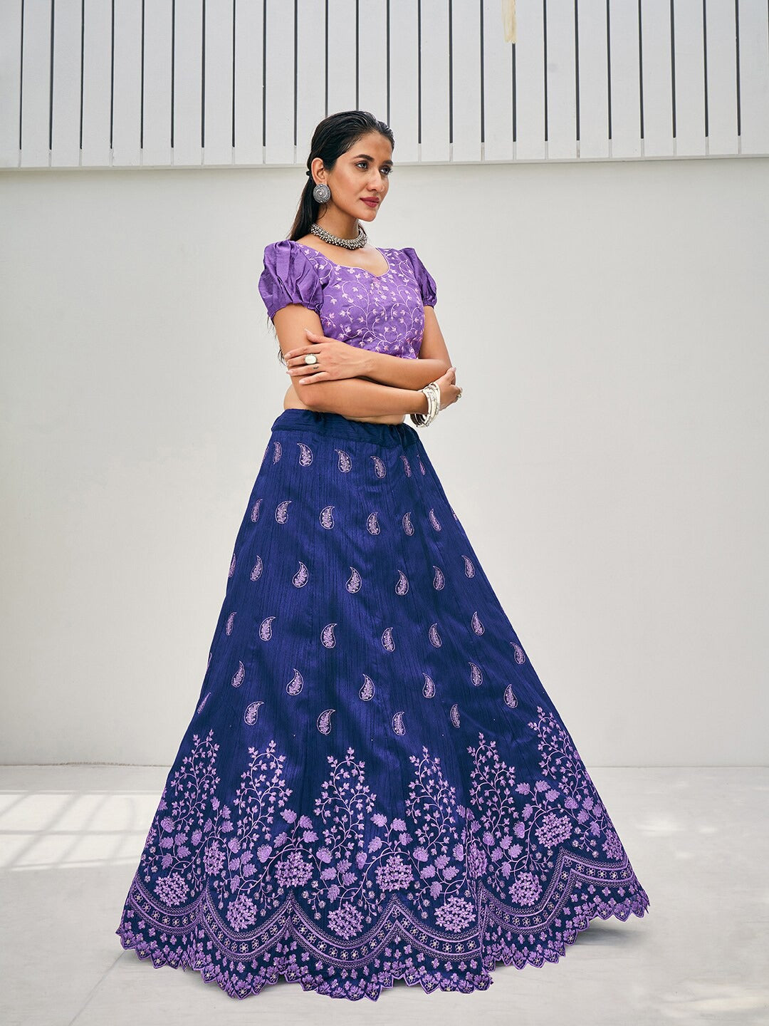 Blue & Purple Embroidered Semi-Stitched Lehenga & Unstitched Blouse With Dupatta