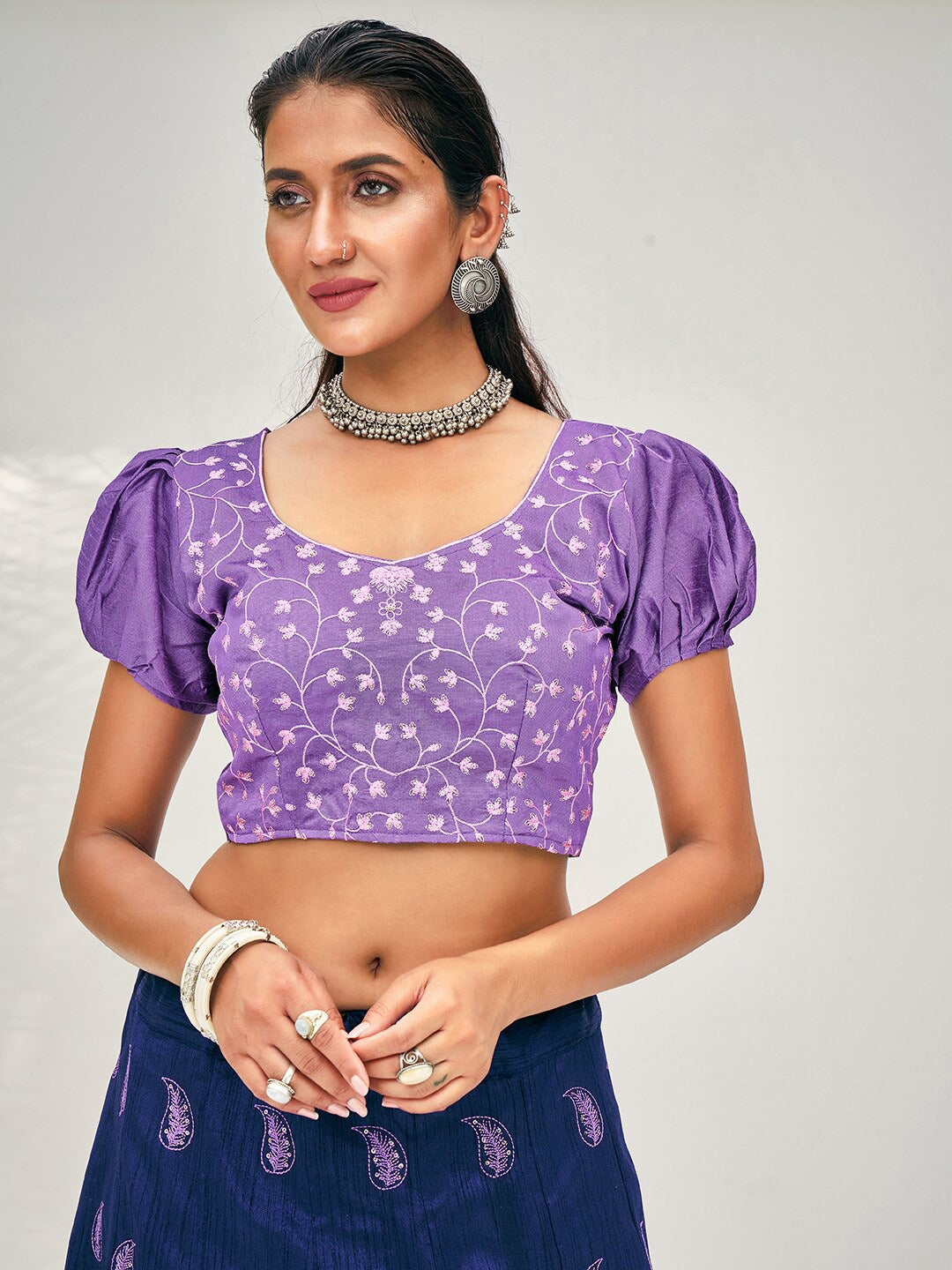 Blue & Purple Embroidered Semi-Stitched Lehenga & Unstitched Blouse With Dupatta