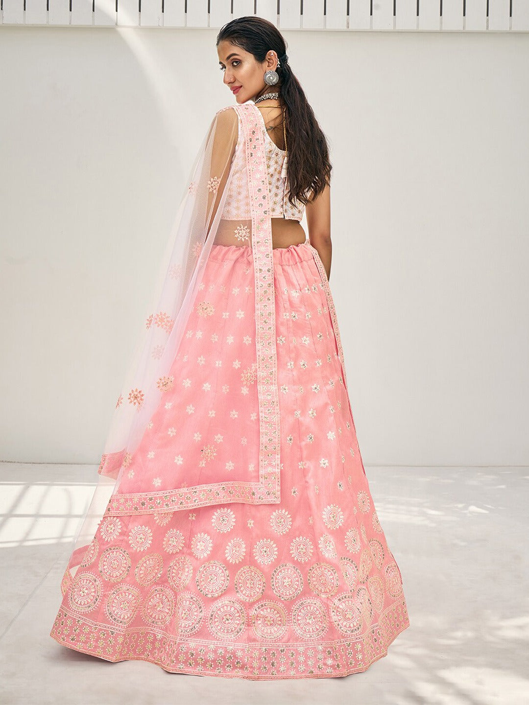 Pink & White Embroidered Lehenga & Unstitched Blouse With Dupatta