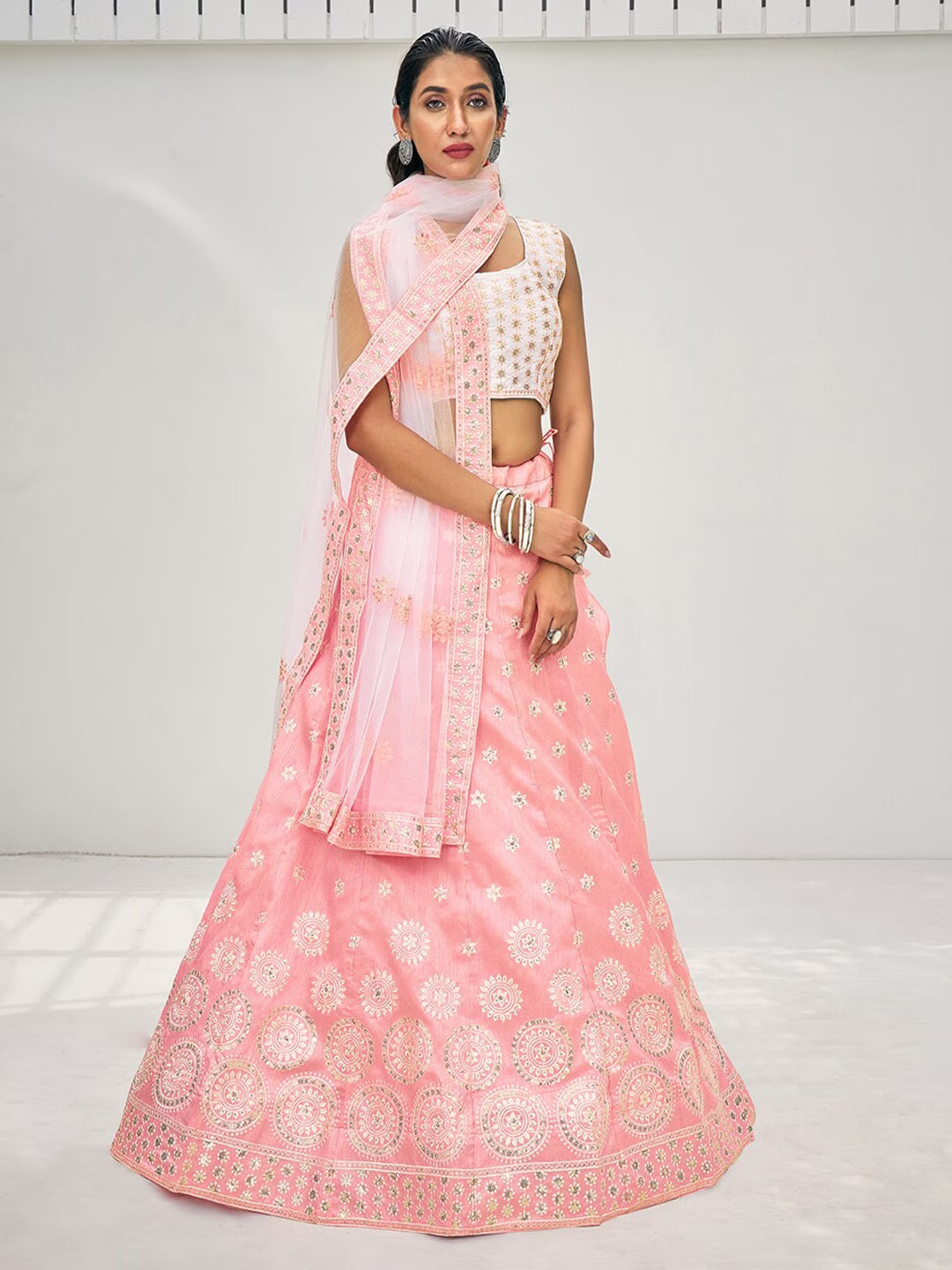 Pink & White Embroidered Lehenga & Unstitched Blouse With Dupatta