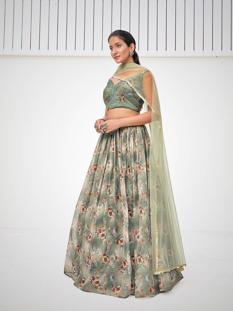 Greenish Grey Floral Printed Blended Silk Lehenga Choli