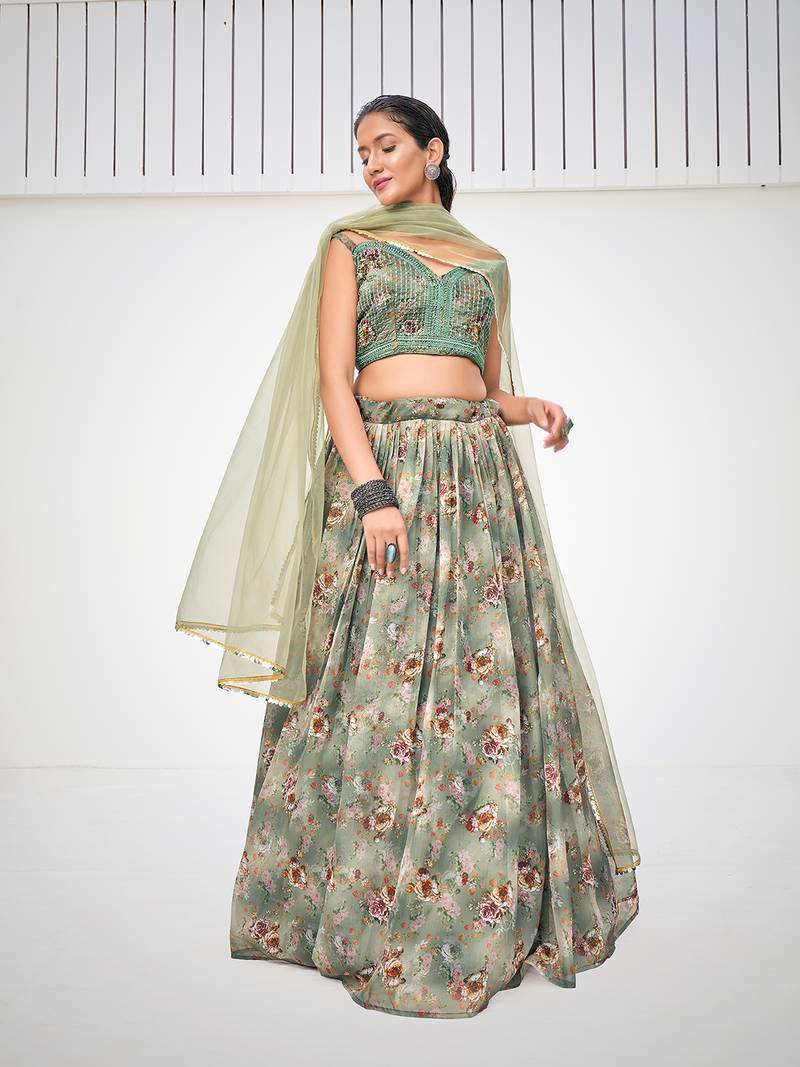 Greenish Grey Floral Printed Blended Silk Lehenga Choli