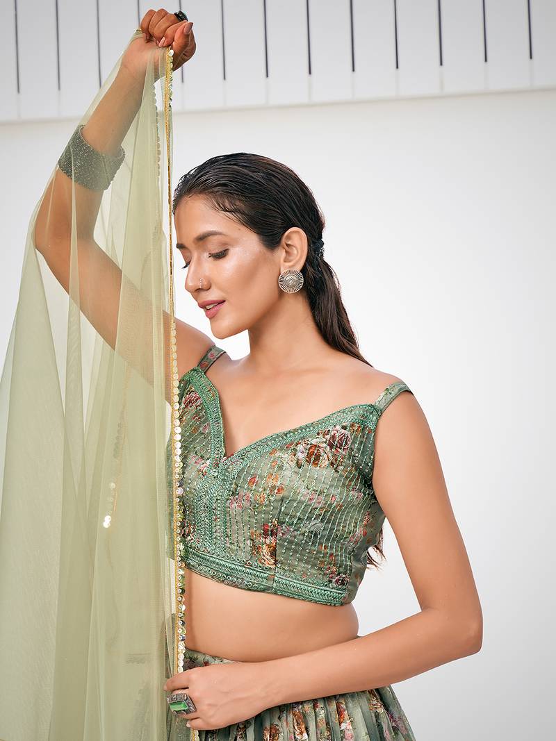 Greenish Grey Floral Printed Blended Silk Lehenga Choli