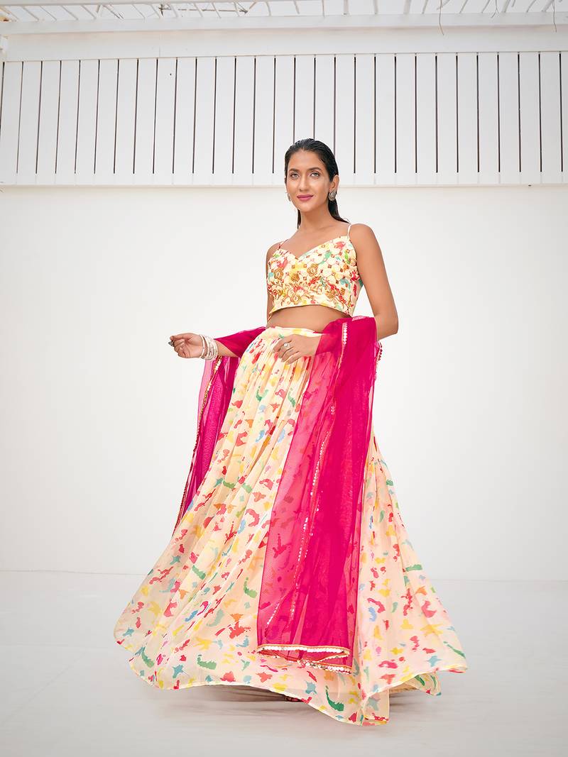 Cream & Pink Floral Printed Blended Silk Lehenga Choli