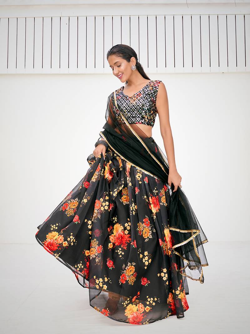 Kohl Black Floral Printed Blended Silk Lehenga Choli