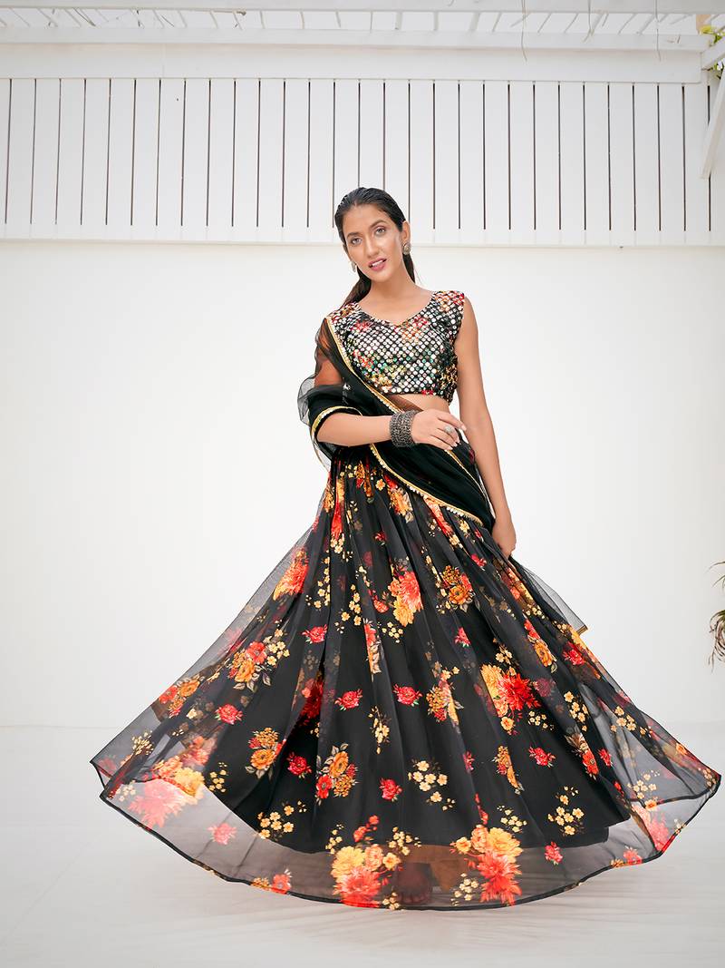 Kohl Black Floral Printed Blended Silk Lehenga Choli