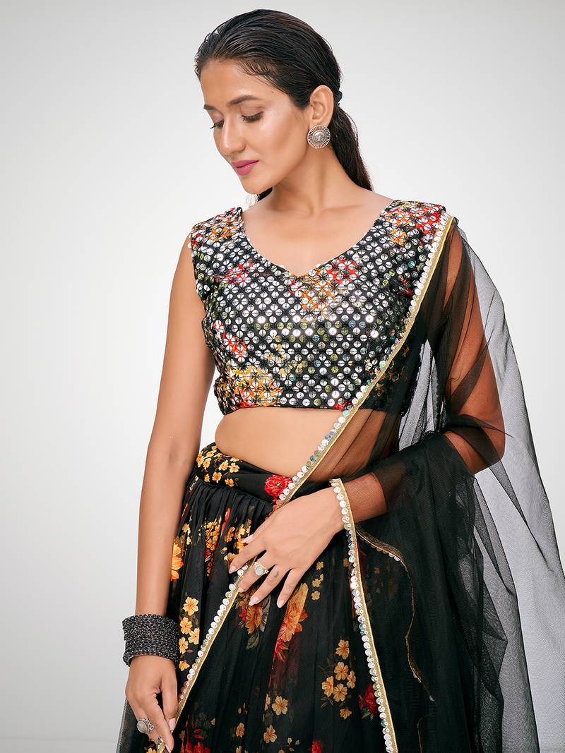 Kohl Black Floral Printed Blended Silk Lehenga Choli