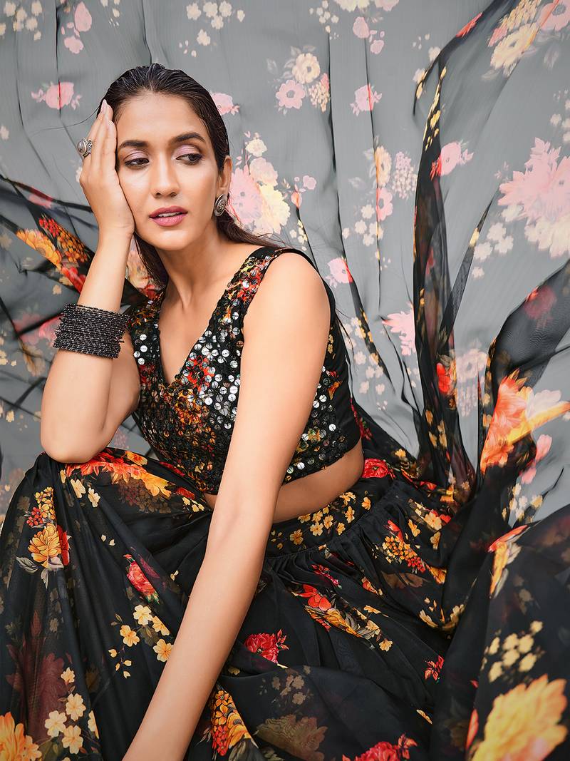 Kohl Black Floral Printed Blended Silk Lehenga Choli