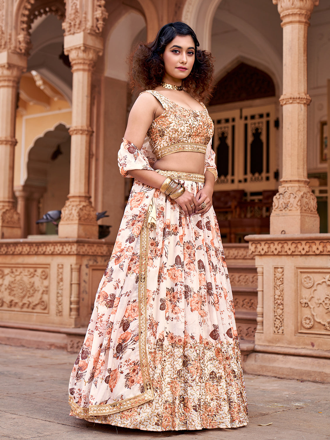 White Floral Printed Organza Lehenga Choli