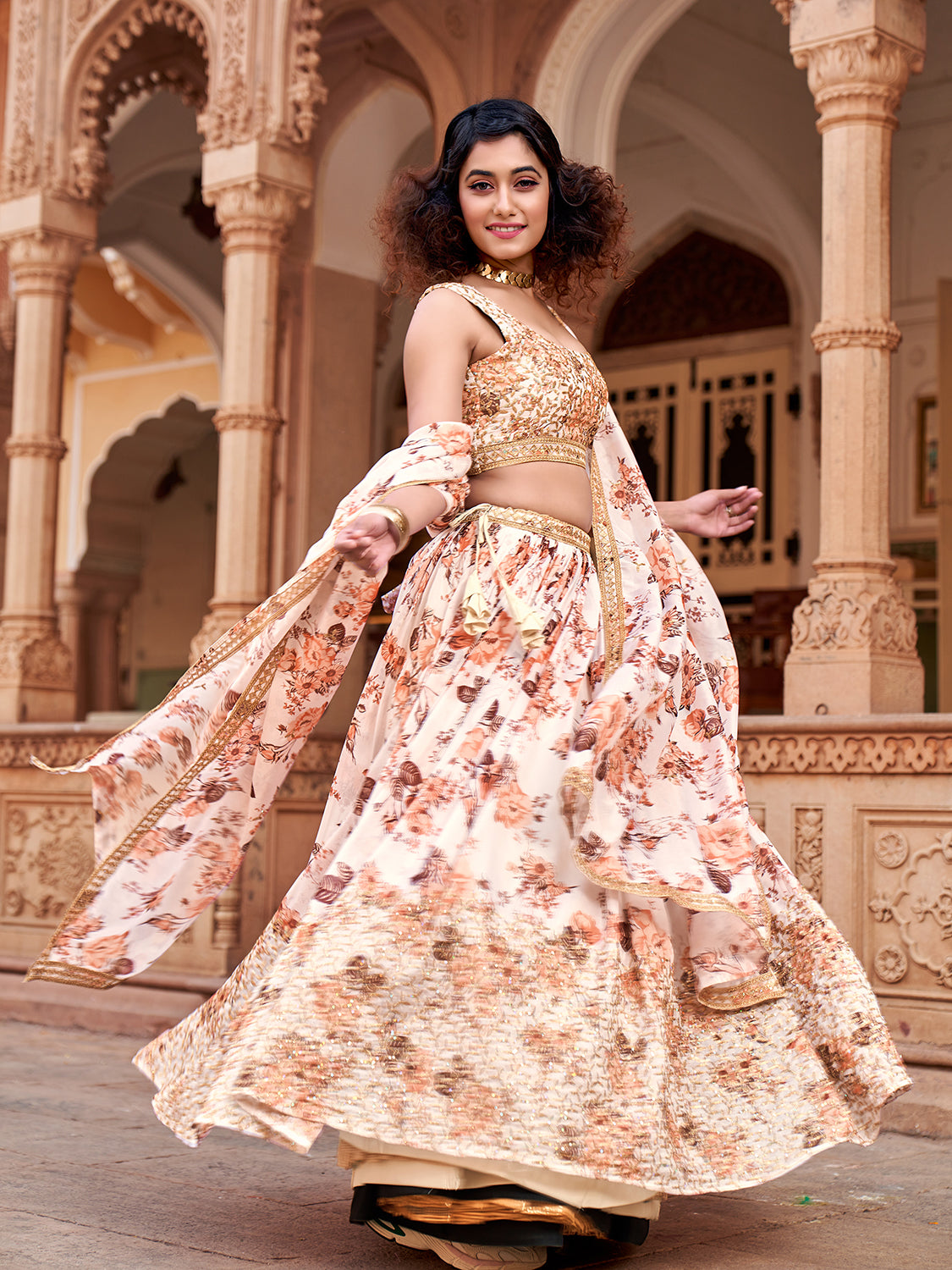 White Floral Printed Organza Lehenga Choli