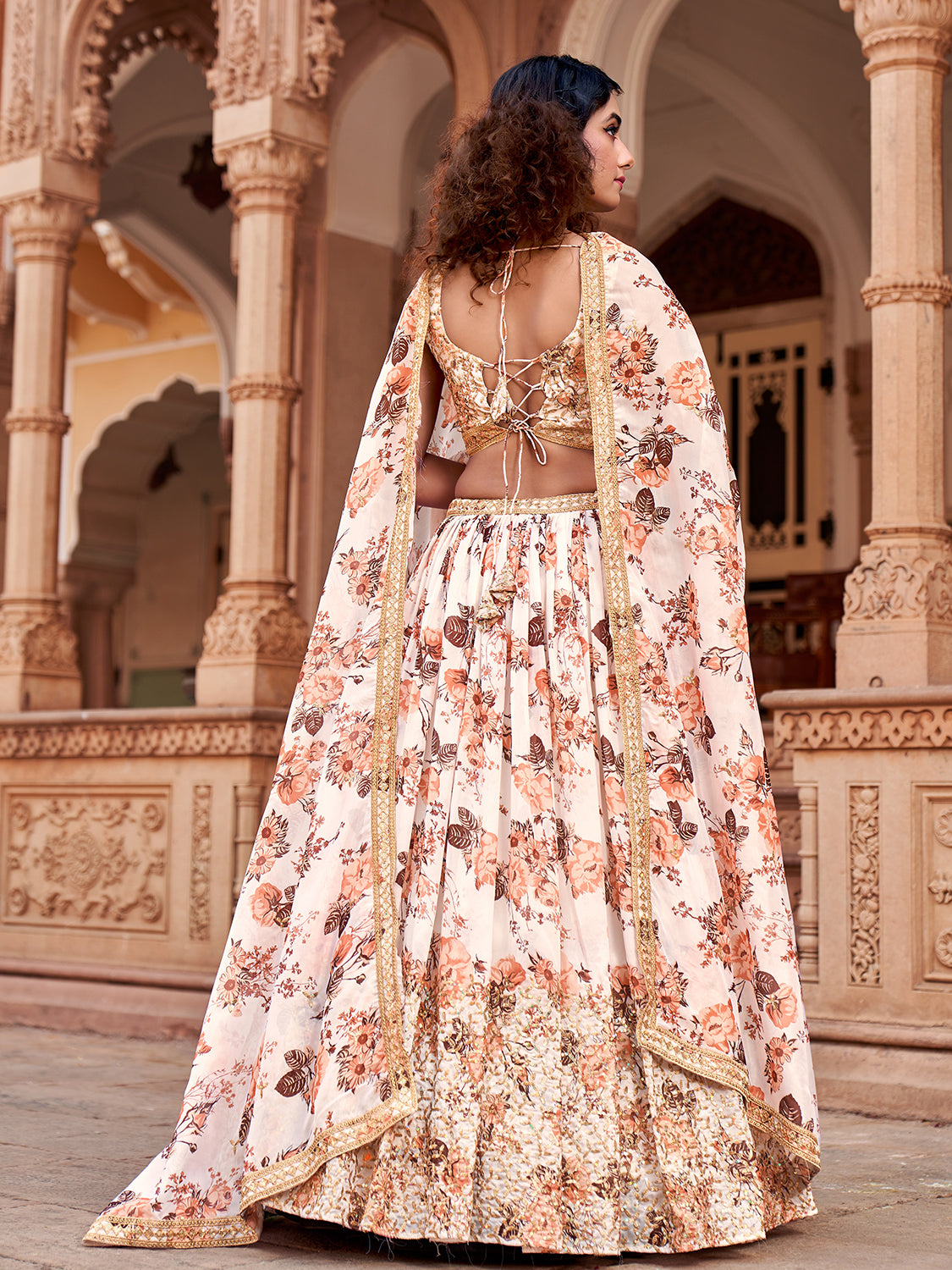 White Floral Printed Organza Lehenga Choli