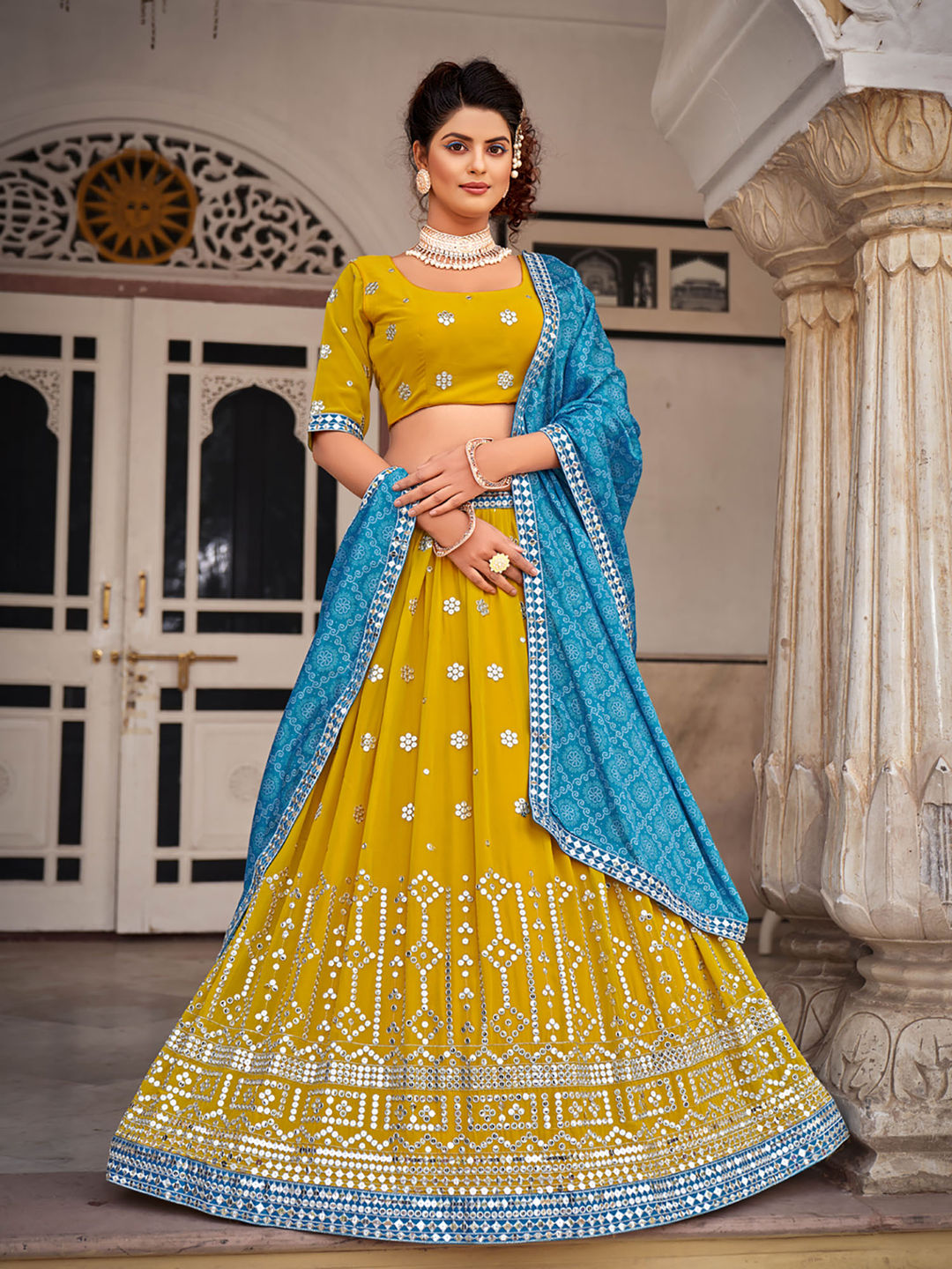 Yellow & Blue Designer Georgette Embroidered Lehenga Choli