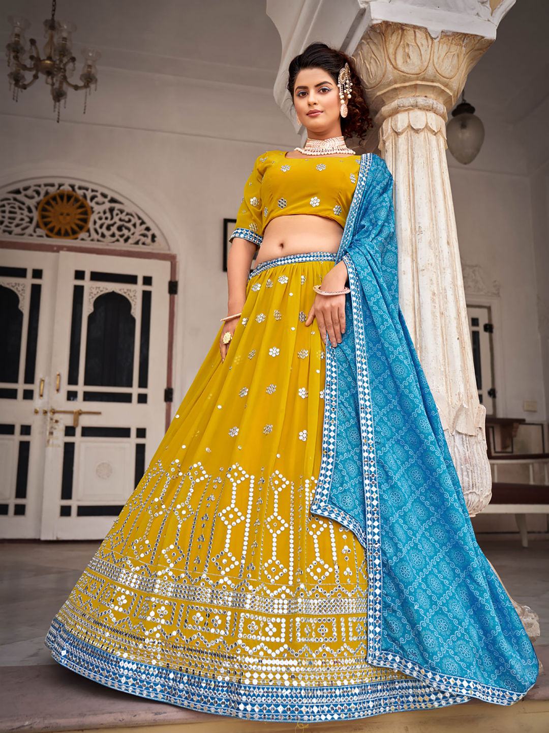 Yellow & Blue Designer Georgette Embroidered Lehenga Choli