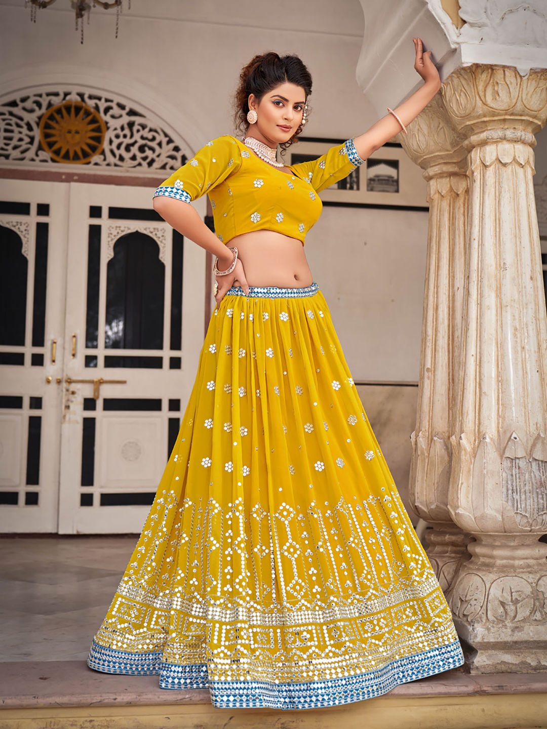 Yellow & Blue Designer Georgette Embroidered Lehenga Choli