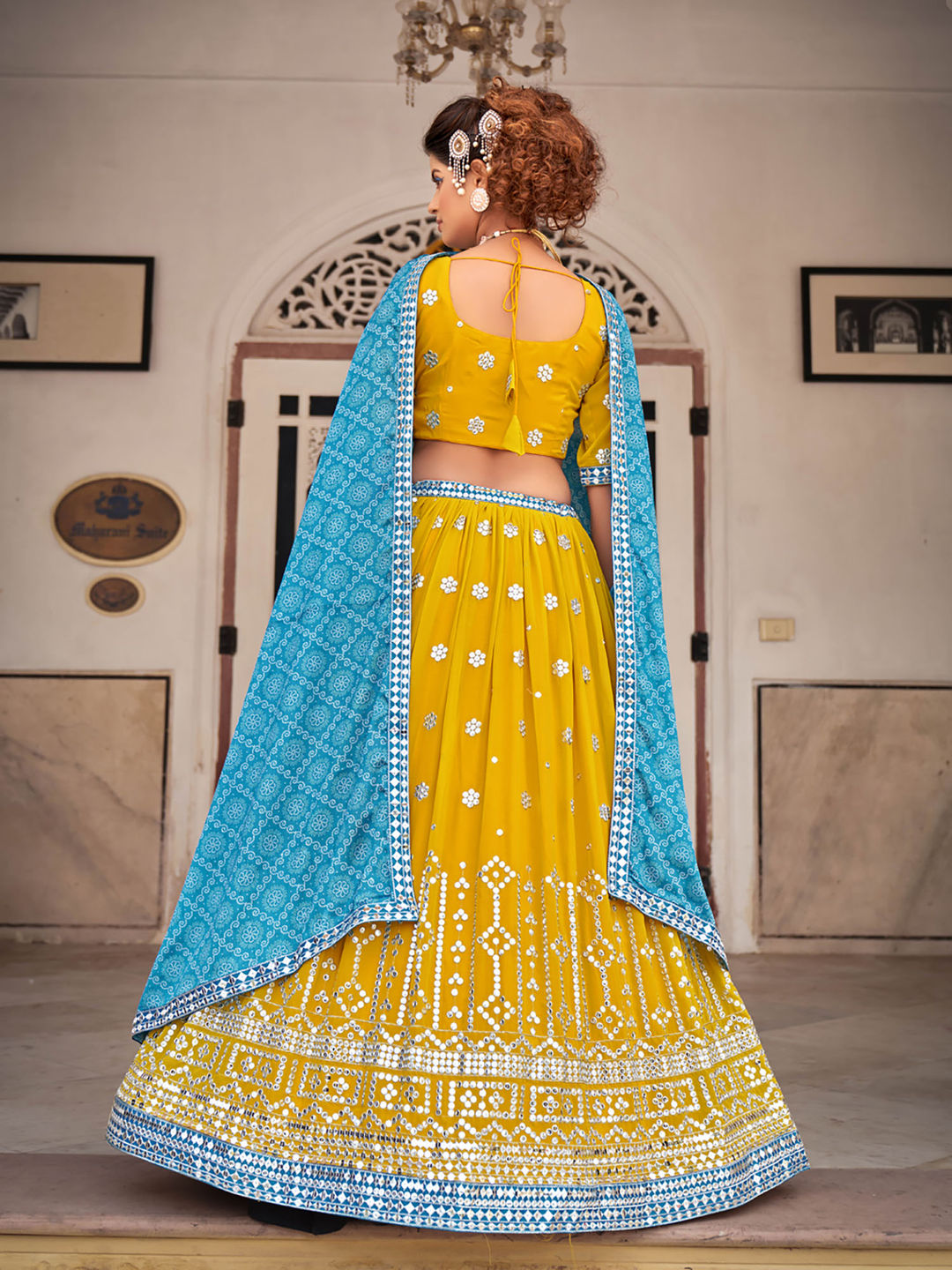 Yellow & Blue Designer Georgette Embroidered Lehenga Choli