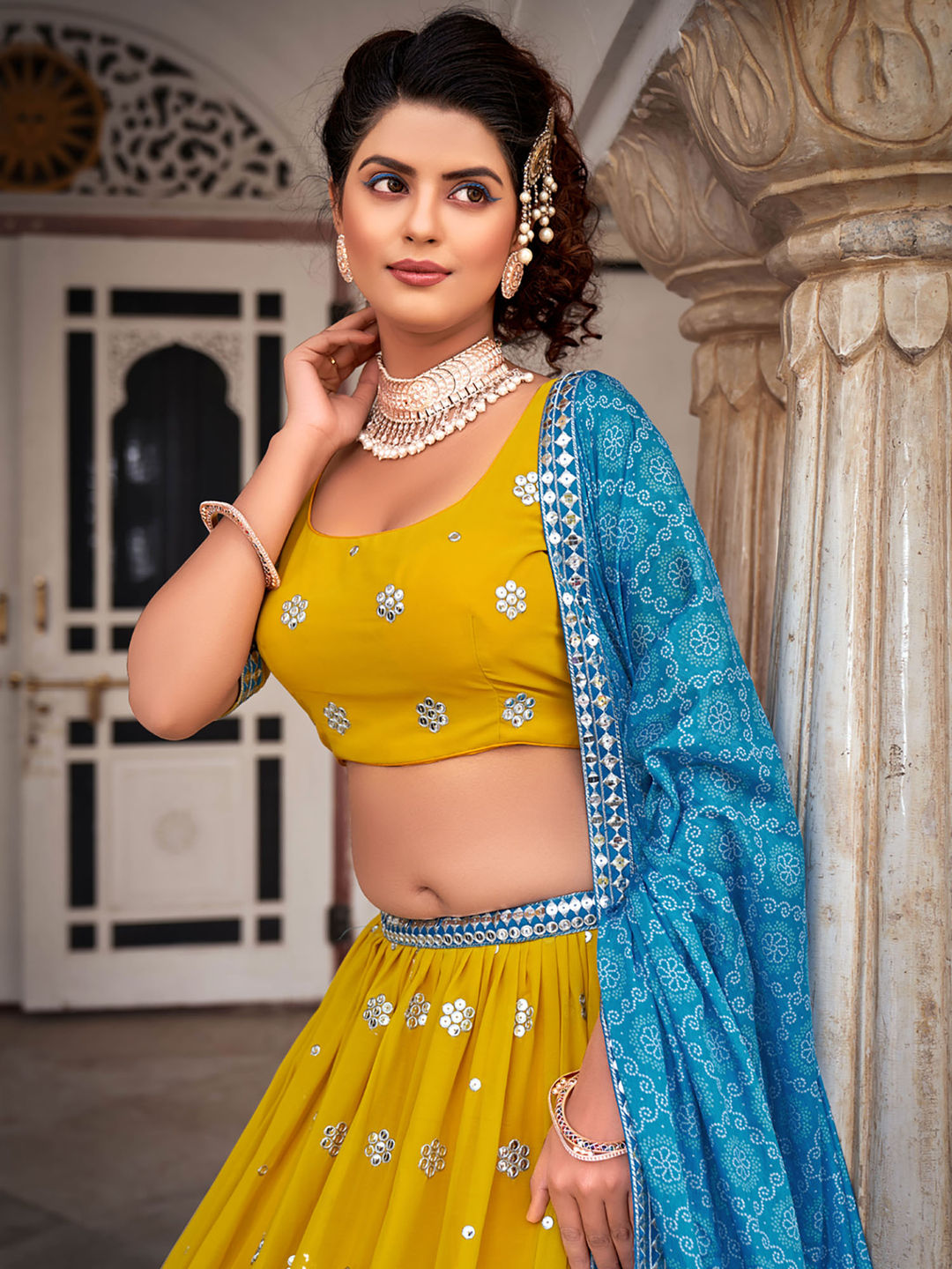 Yellow & Blue Designer Georgette Embroidered Lehenga Choli