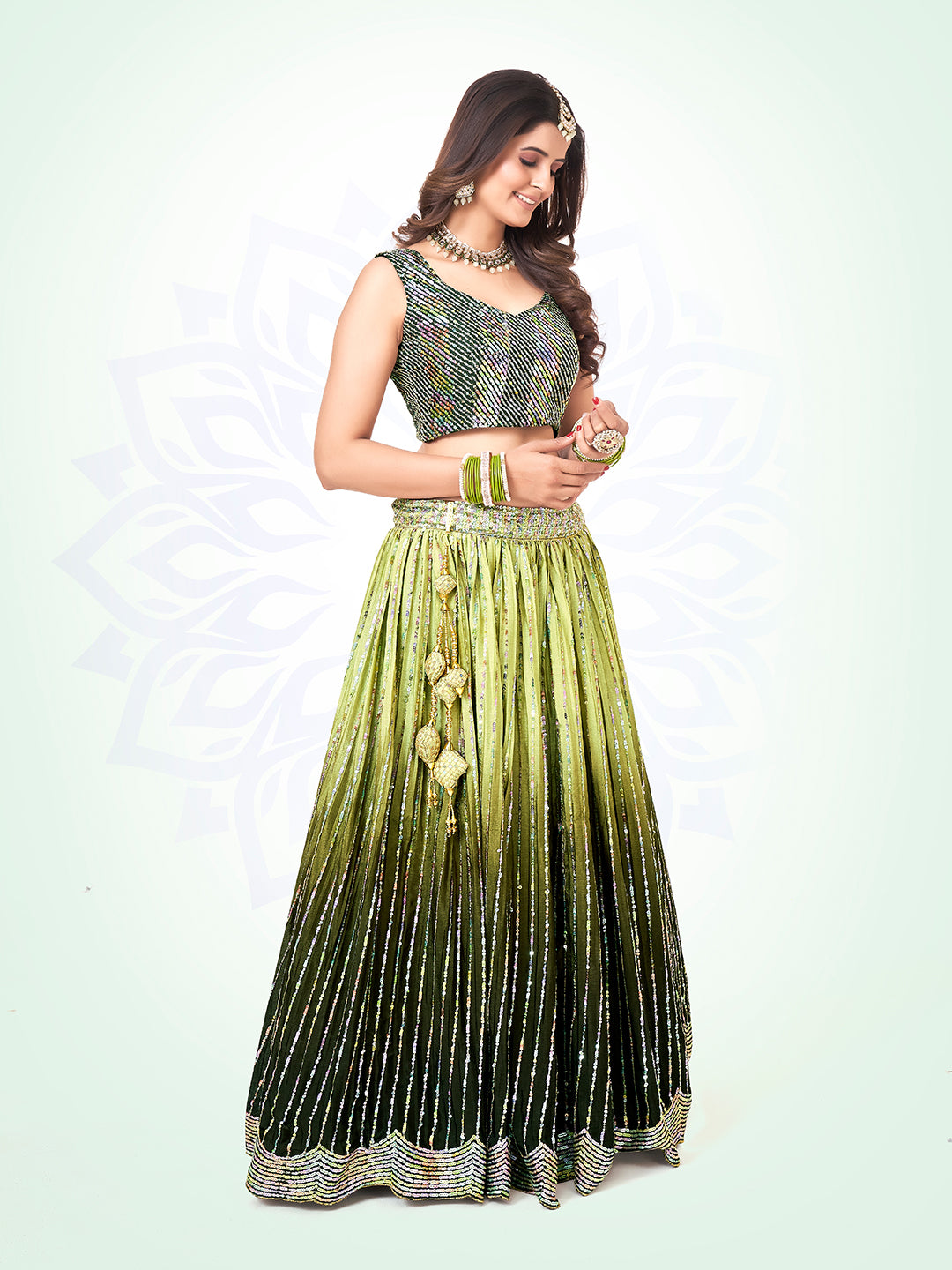 Green Two-Tone Sequin Embroidered Lehenga Choli Set with Dupatta - Elegant Party Wear