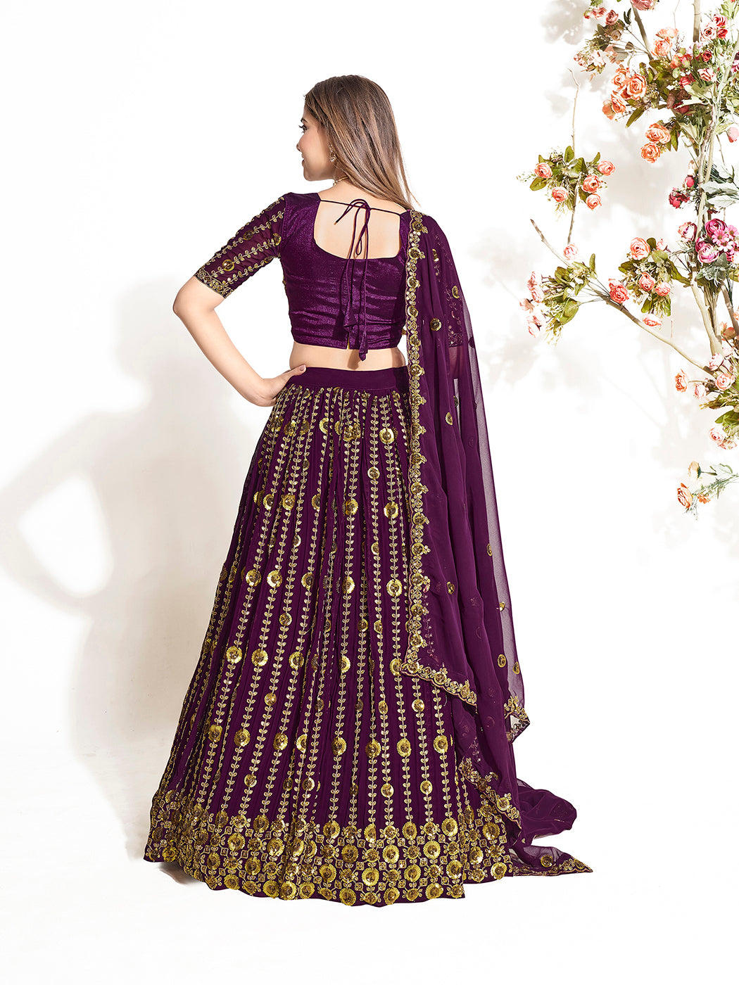 Dark Purple Georgette Embroidered Wedding Lehenga Choli