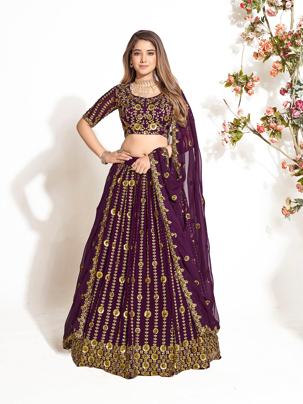 Dark Purple Georgette Embroidered Wedding Lehenga Choli